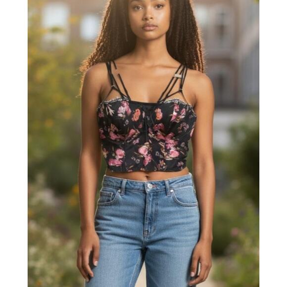 Victoria's Secret NWT Bustier Corset Top 34DD Black Floral Strappy Lace Trim - Picture 1 of 16